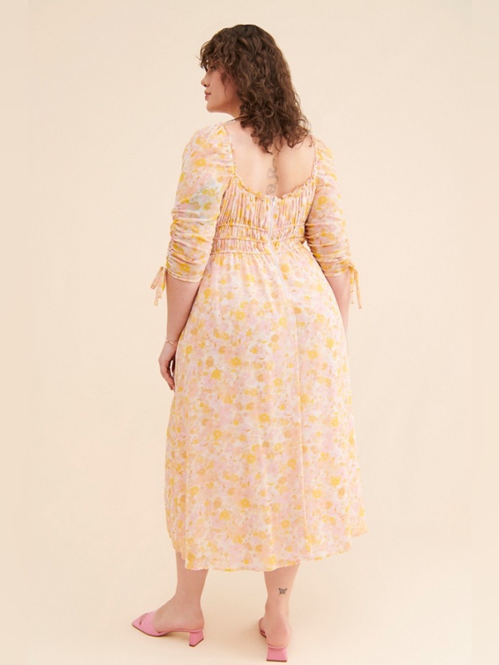 For love and lemons Eden‎ Floral Midi Dress pink yellow ruched bow sleeves XS - Picture 9 of 15